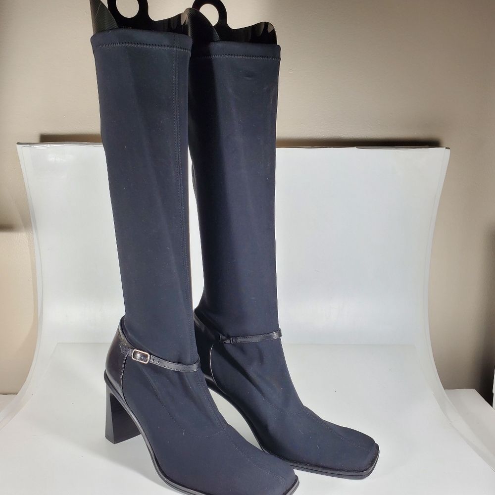 Paul Green Square Toe Nylon Black Leather Pull on Stacked Heel US 8.5 Boots